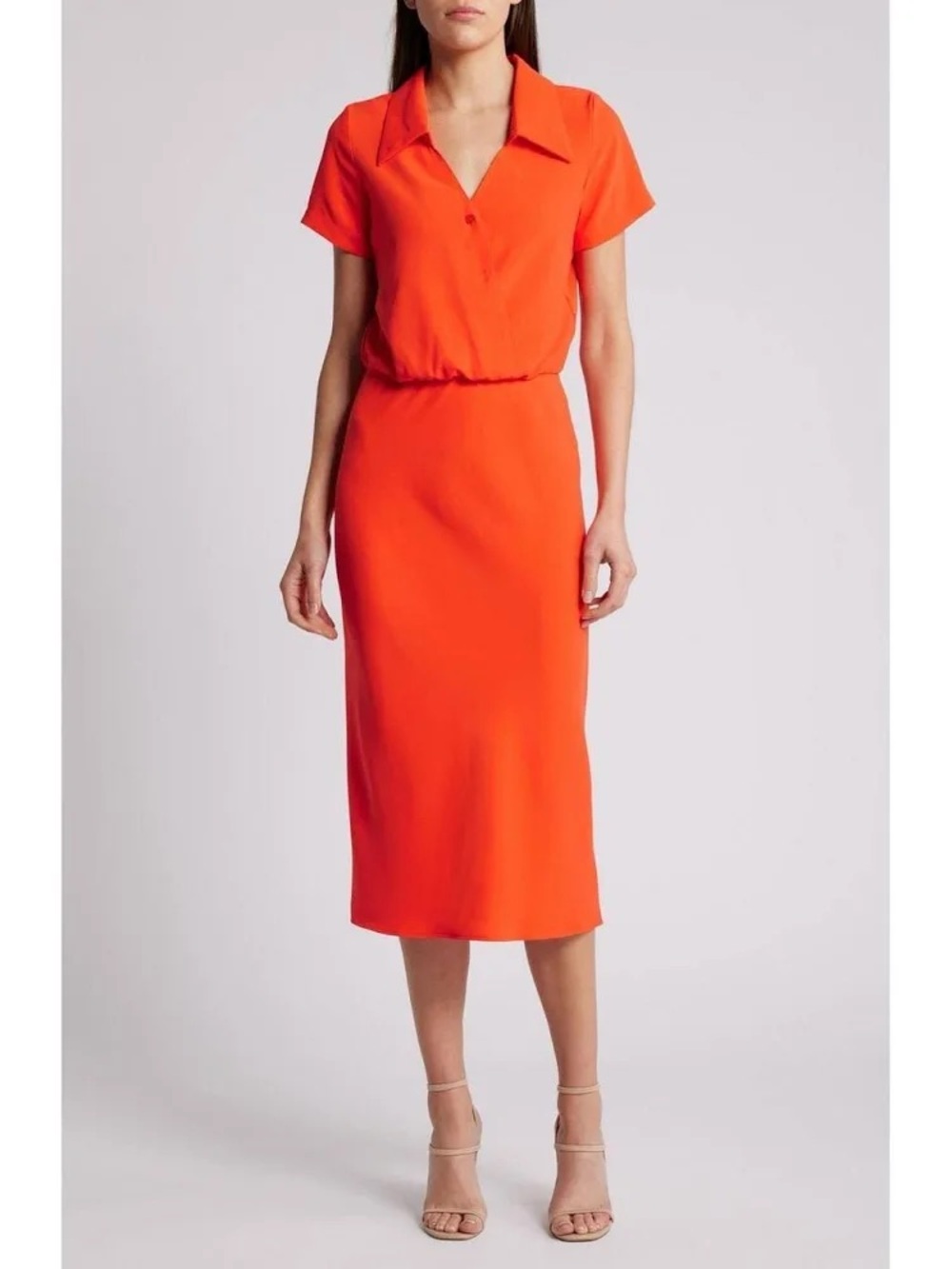 Amanda Uprichard Reya Satin Bright Orange Short-Sleeve Collared Shirt Midi Dress